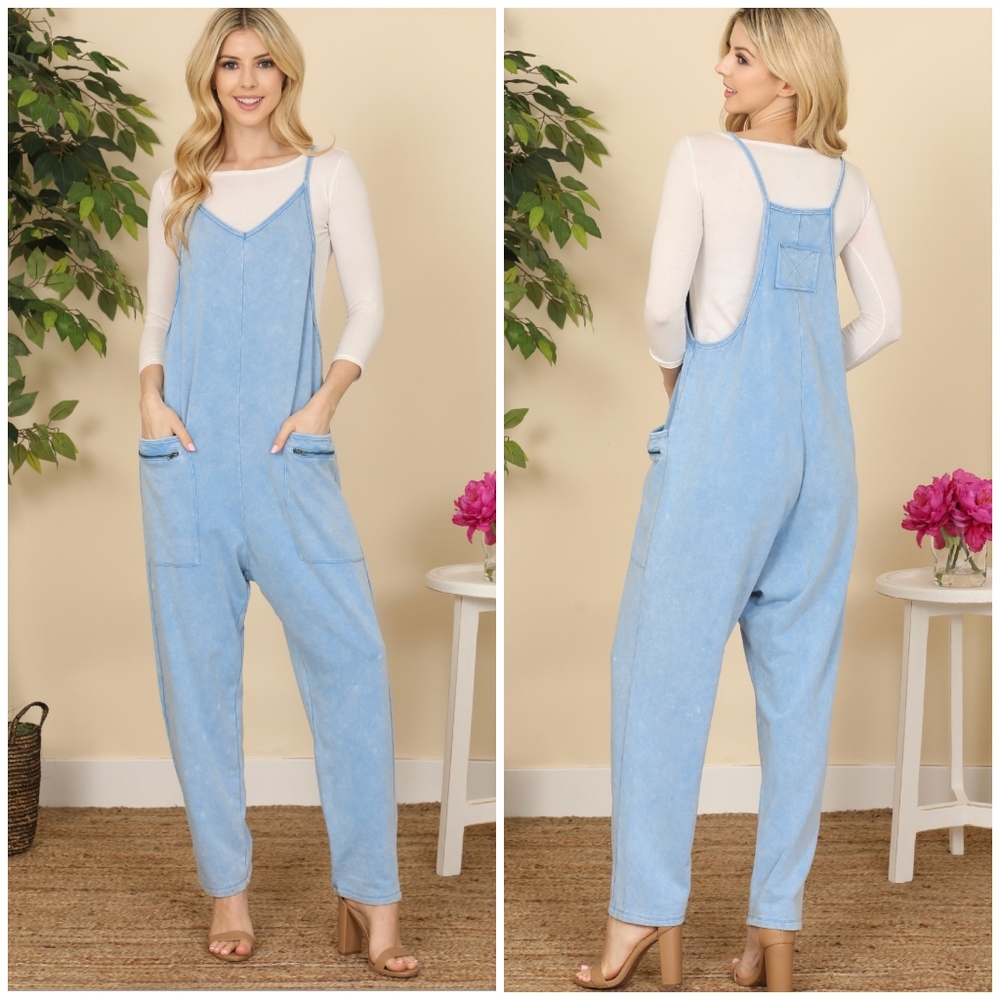 Ces Femme Washed Blue Soft Knit Jumpsuit Overalls - Picture 7 of 9